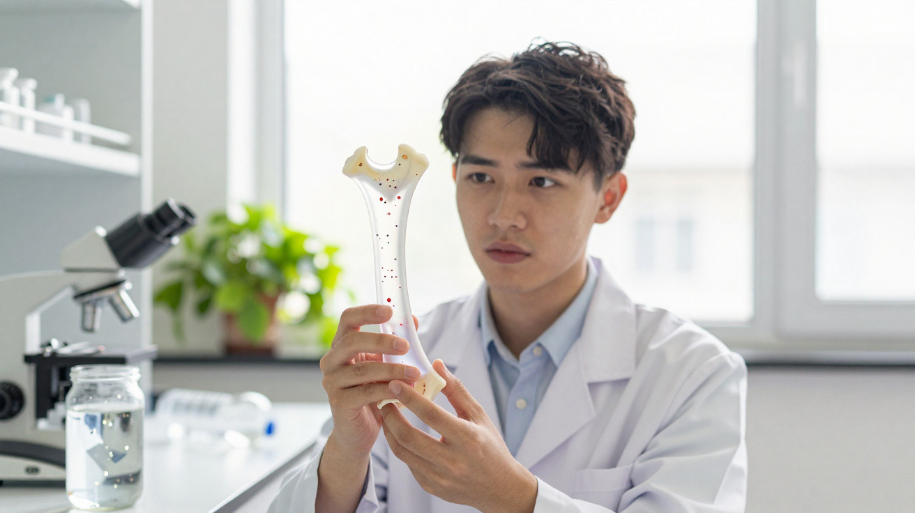 Homem de bata branca observa modelo anatómico de osso em laboratório com microscópio e plantas ao fundo.