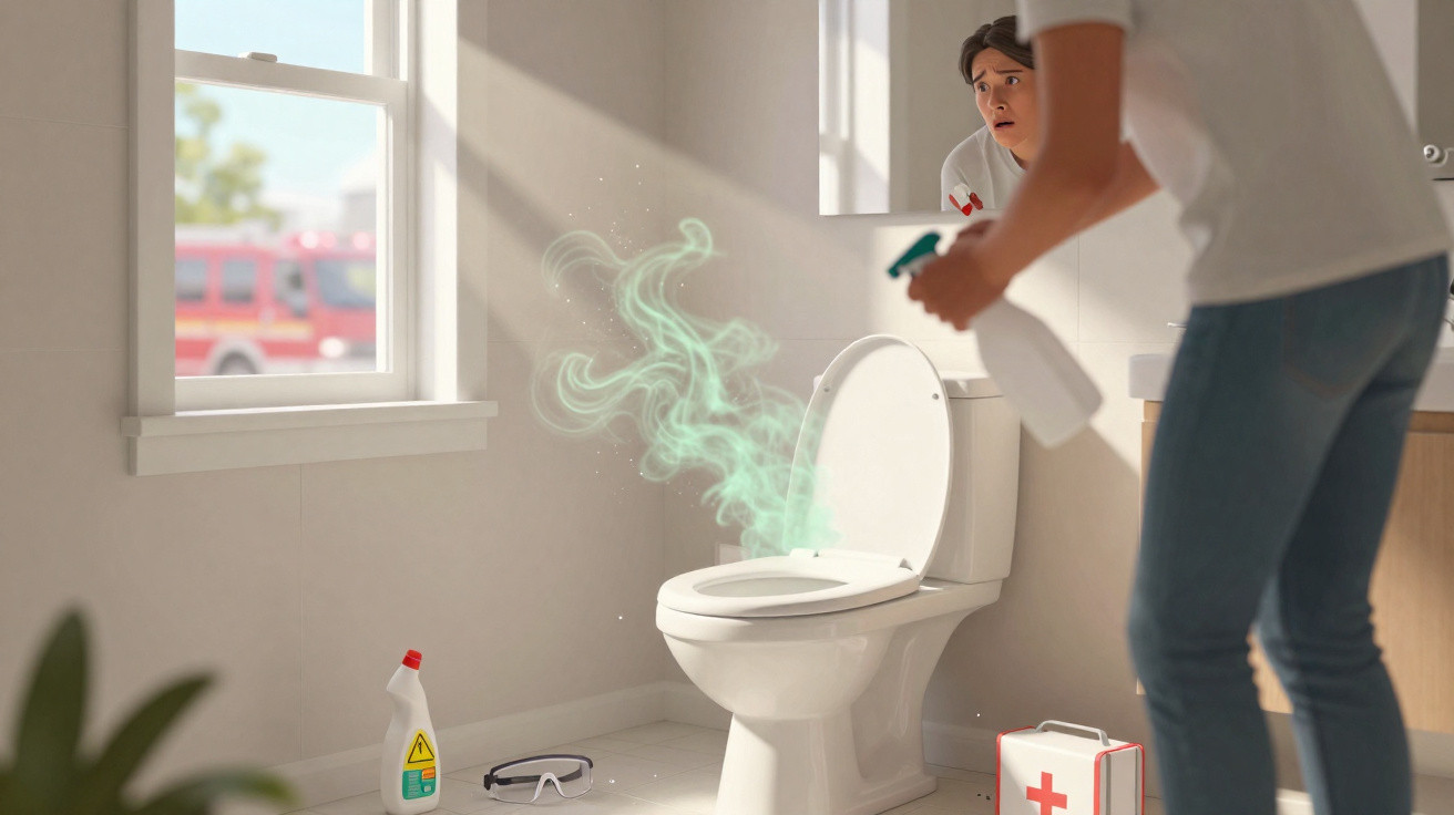 Pessoa a limpar sanitário exalando vapor verde, com janela aberta e produtos de limpeza no chão do WC.