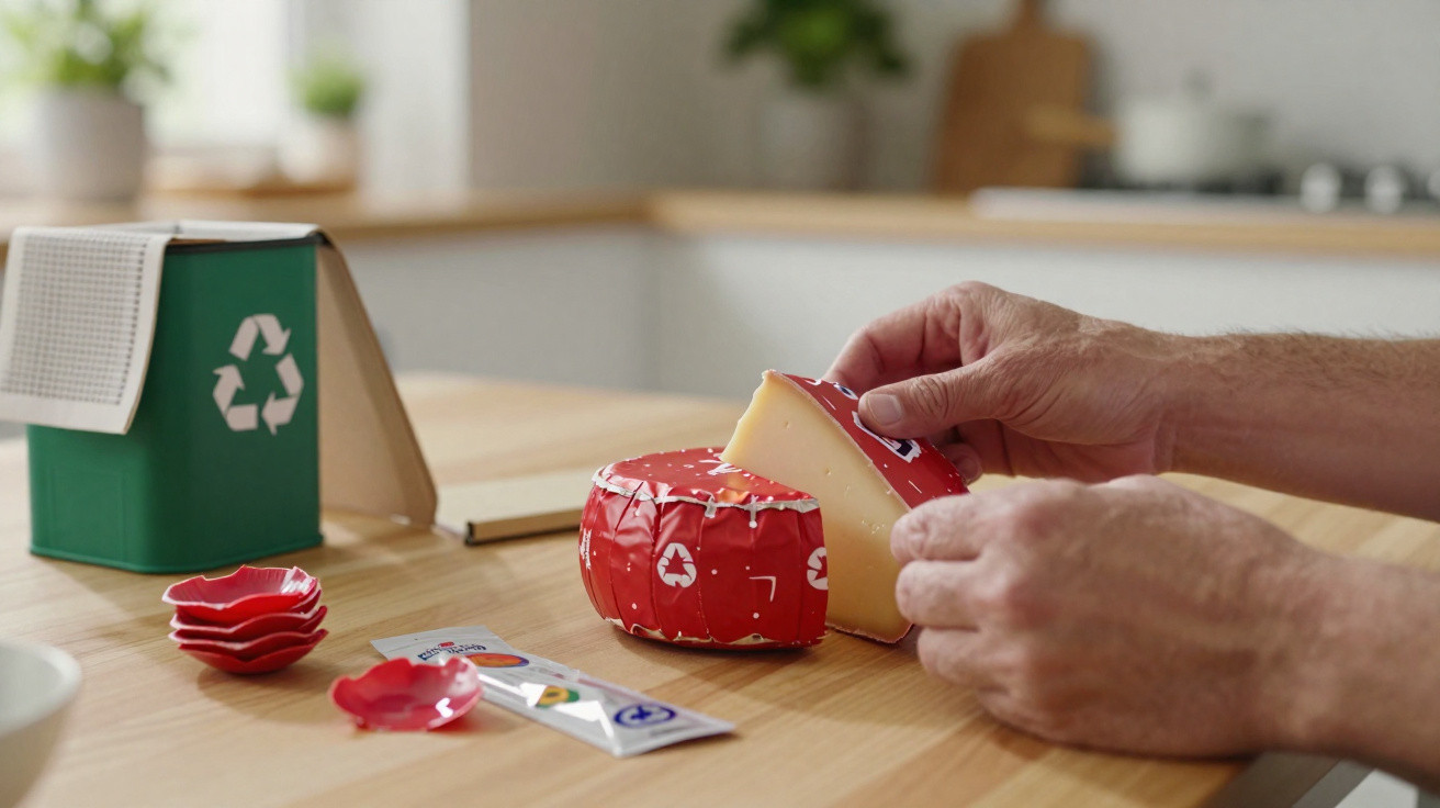 Mãos a desembrulhar queijo embalado com plástico vermelho com símbolo de reciclagem numa cozinha.