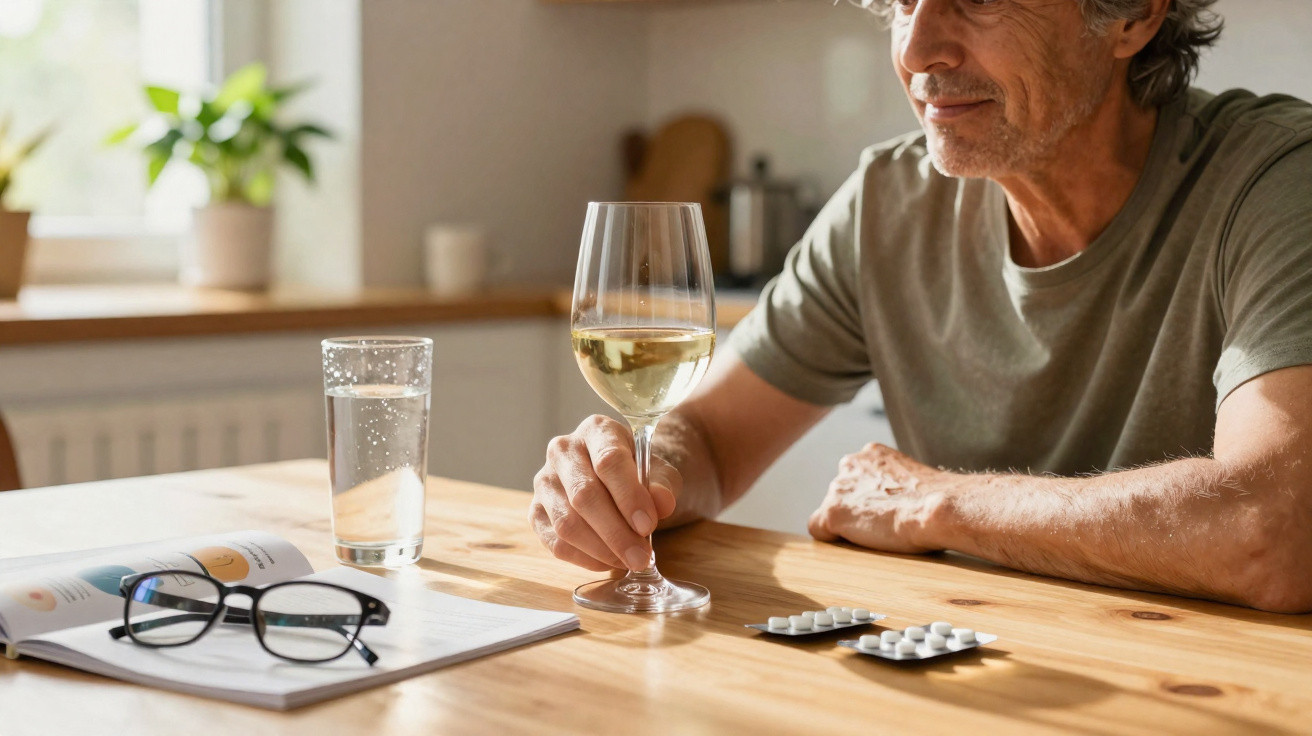 Homem sentado à mesa com copo de vinho, comprimidos, óculos e copo de água à sua frente.