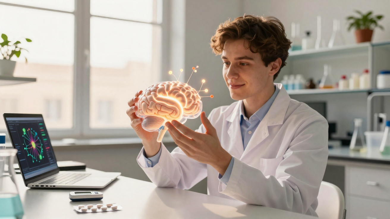 Cientista com bata branca a analisar modelo digital iluminado de cérebro numa sala de laboratório.