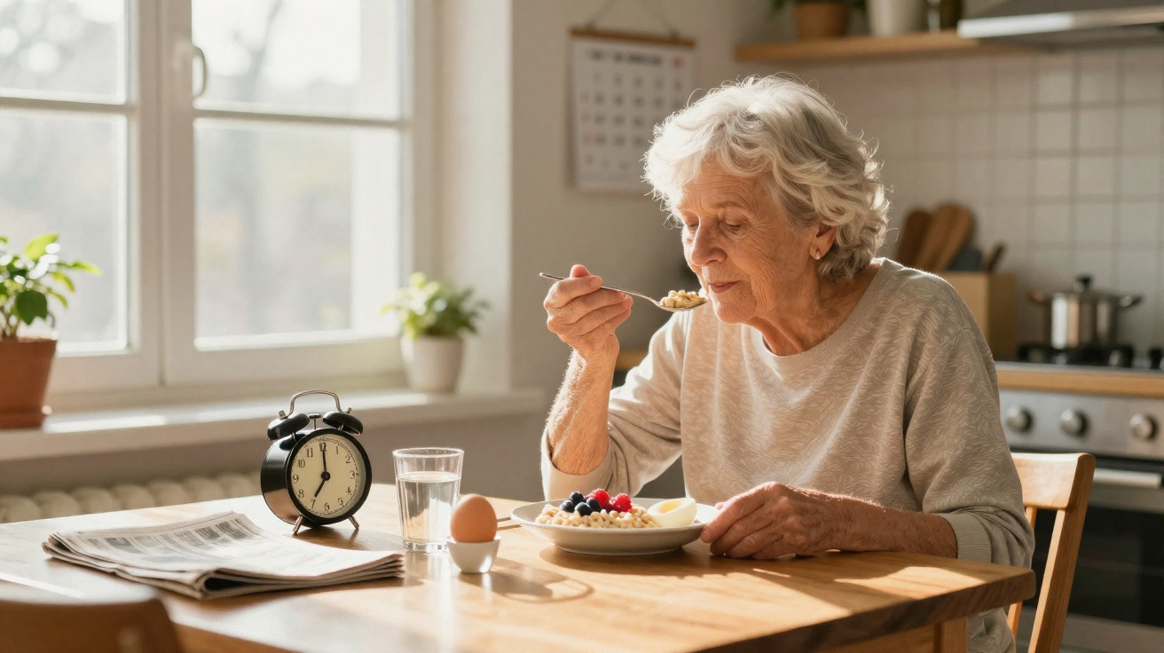 Mulher idosa a comer pequeno-almoço numa cozinha com jornal, relógio e copo de água na mesa.