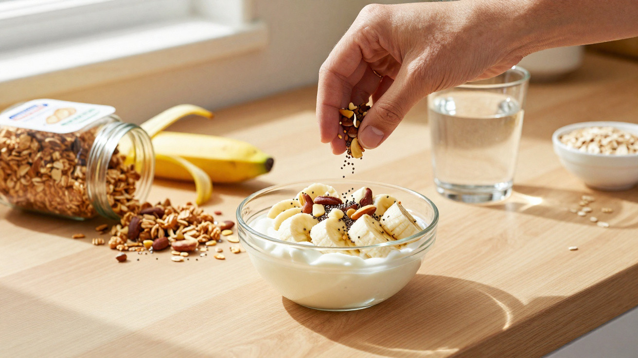 Mão polvilha sementes e frutos secos sobre taça de iogurte com banana, perto de banana e frascos de granola e aveia.