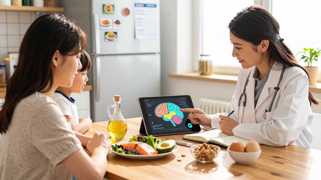 Médica explica à mãe e filho sobre o cérebro, com alimentos saudáveis na mesa, numa consulta de nutrição.