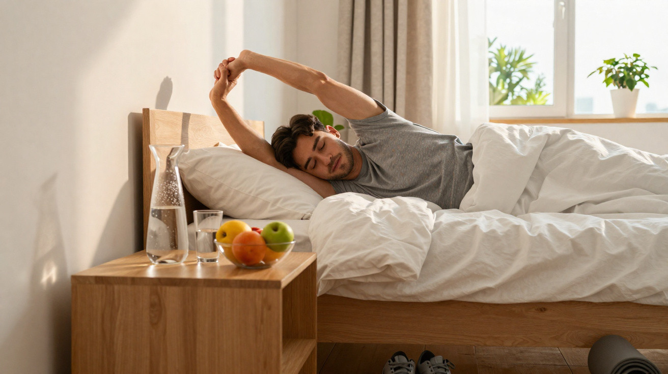 Homem a despertar e espreguiçar-se na cama sob luz natural com fruteira e jarro de água na mesa de cabeceira.