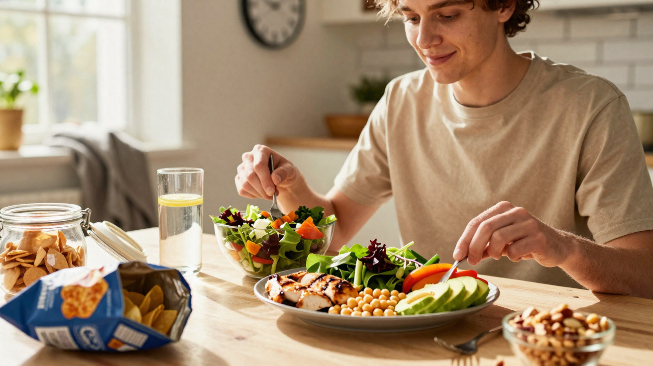 Homem a comer salada saudável com legumes, grão-de-bico e frango numa mesa de cozinha.