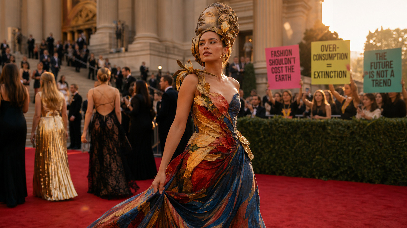 Mulher com vestido colorido e ornamento de cabeça em evento, com grupo a protestar contra a moda e consumo excessivo.