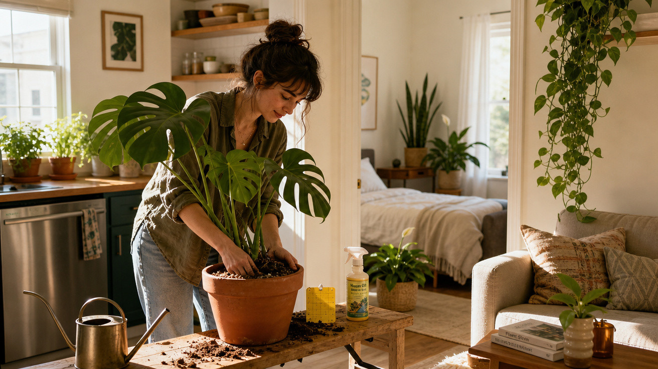 Mulher a cuidar de planta numa sala iluminada, rodeada de várias plantas e decoração acolhedora.