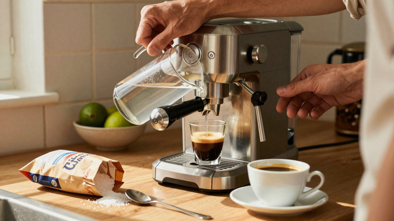 Pessoa a preparar café numa máquina espresso numa cozinha com luz natural e ingredientes ao lado.