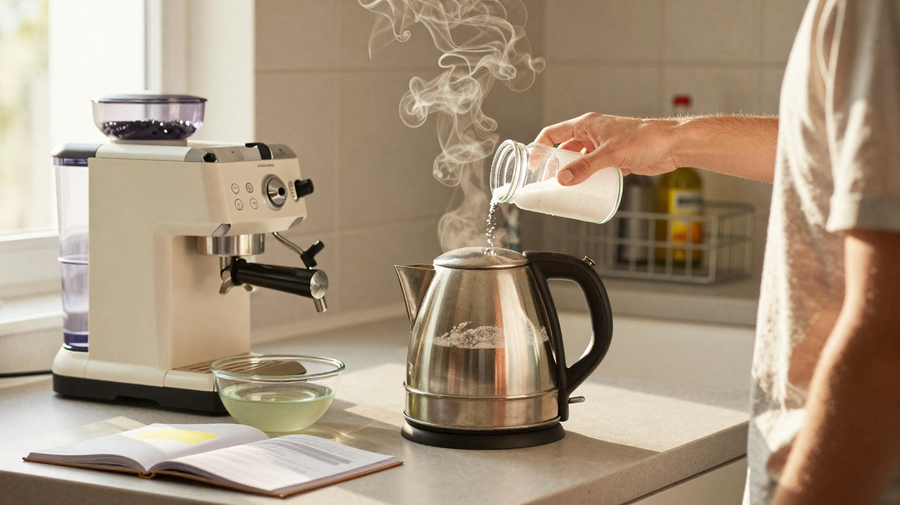 Pessoa a adicionar açúcar a uma chaleira elétrica a ferver numa cozinha com máquina de café.