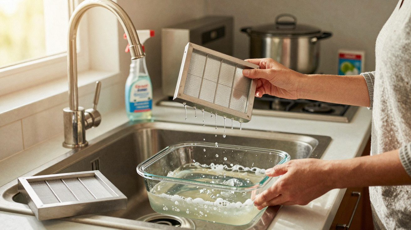 Pessoa a lavar um filtro metálico numa cozinha, com água a cair sobre um recipiente de vidro.