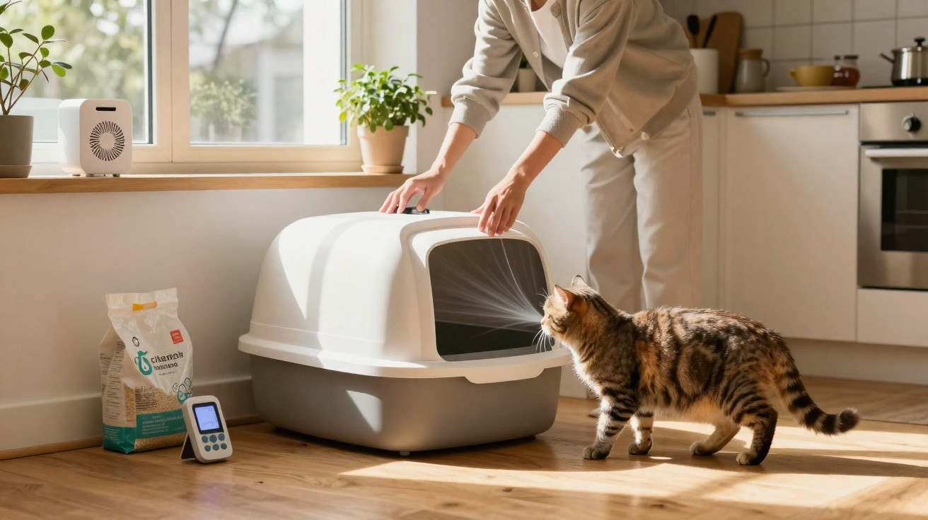 Pessoa a abrir caixa sanitária para gato numa cozinha iluminada, com gato interessado no chão de madeira.