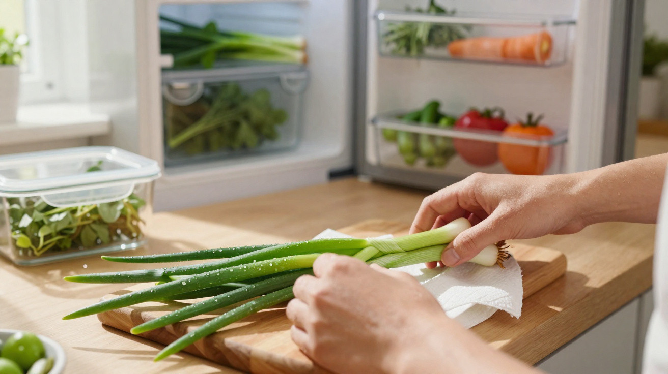 Mãos a secar cebolinha com papel absorvente numa cozinha com legumes e vegetais frescos ao fundo.