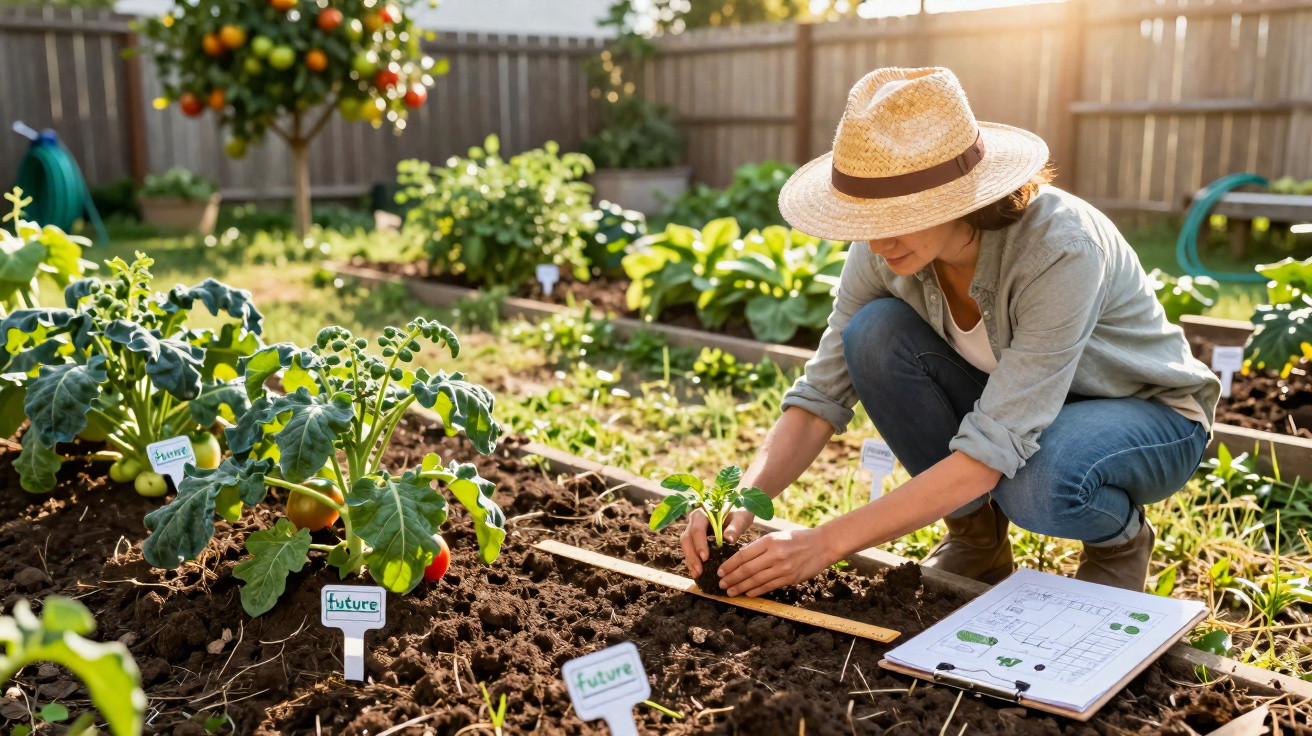 Mulher a plantar muda num jardim com chapéu de palha e plantas marcadas em canteiros.