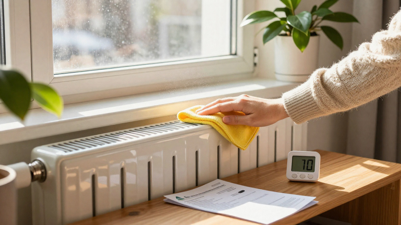 Pessoa a limpar um radiador branco com um pano amarelo numa sala iluminada junto a uma janela.