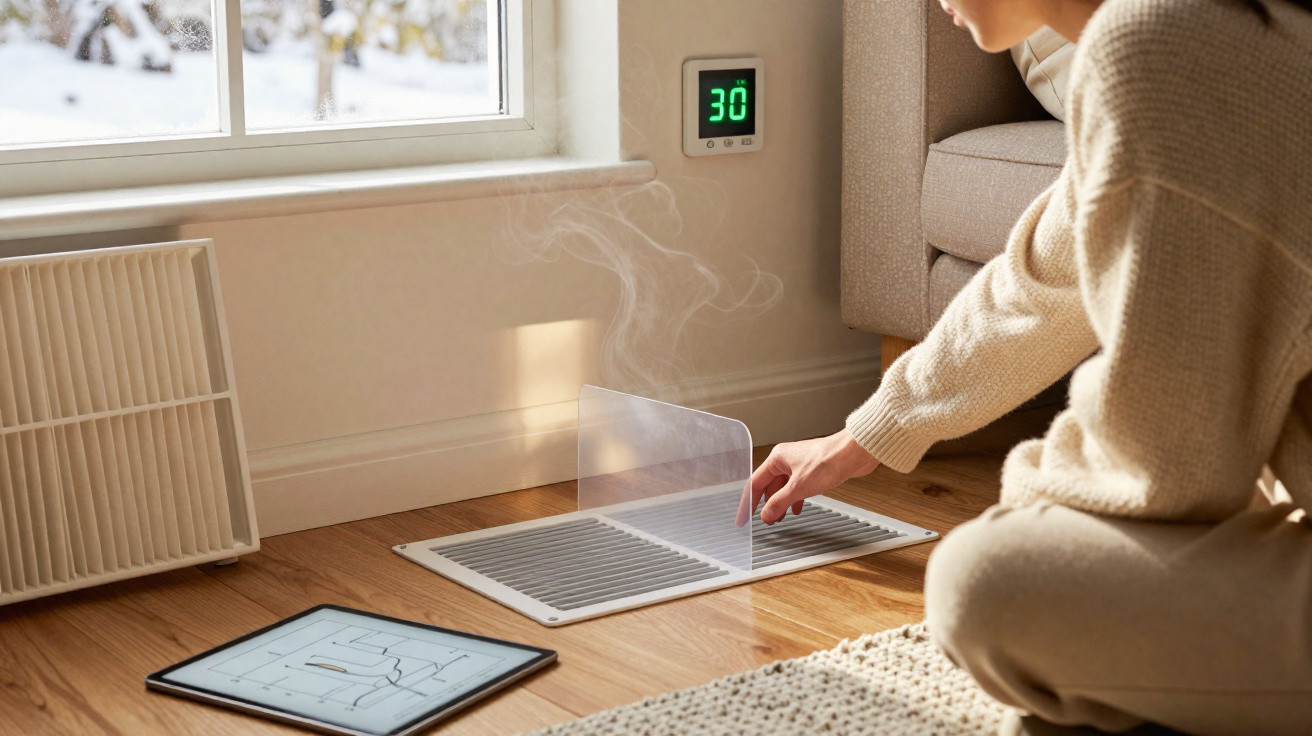 Pessoa ajustando tampa de ventilação no chão com tablet e termostato a 30 graus numa sala com janela e neve lá fora.