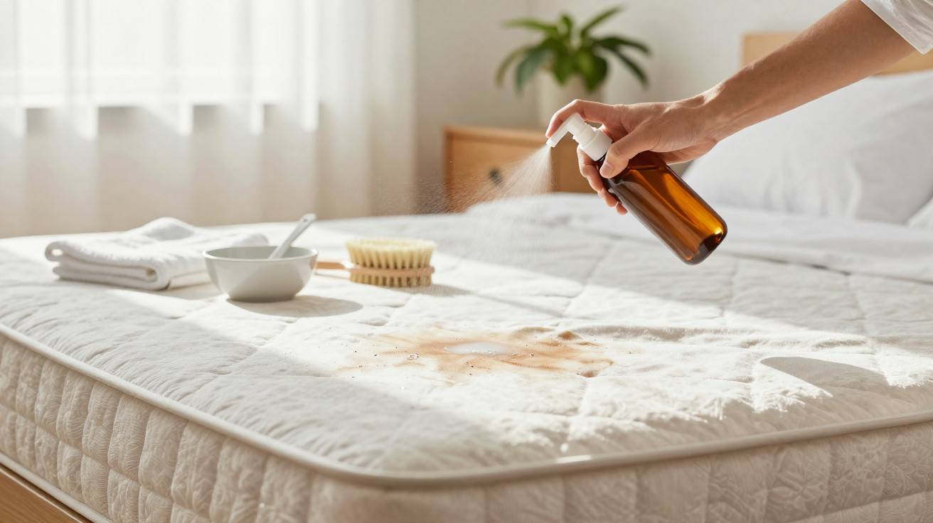 Pessoa a borrifar produto de limpeza sobre nódoa numa cama de colchão branca.