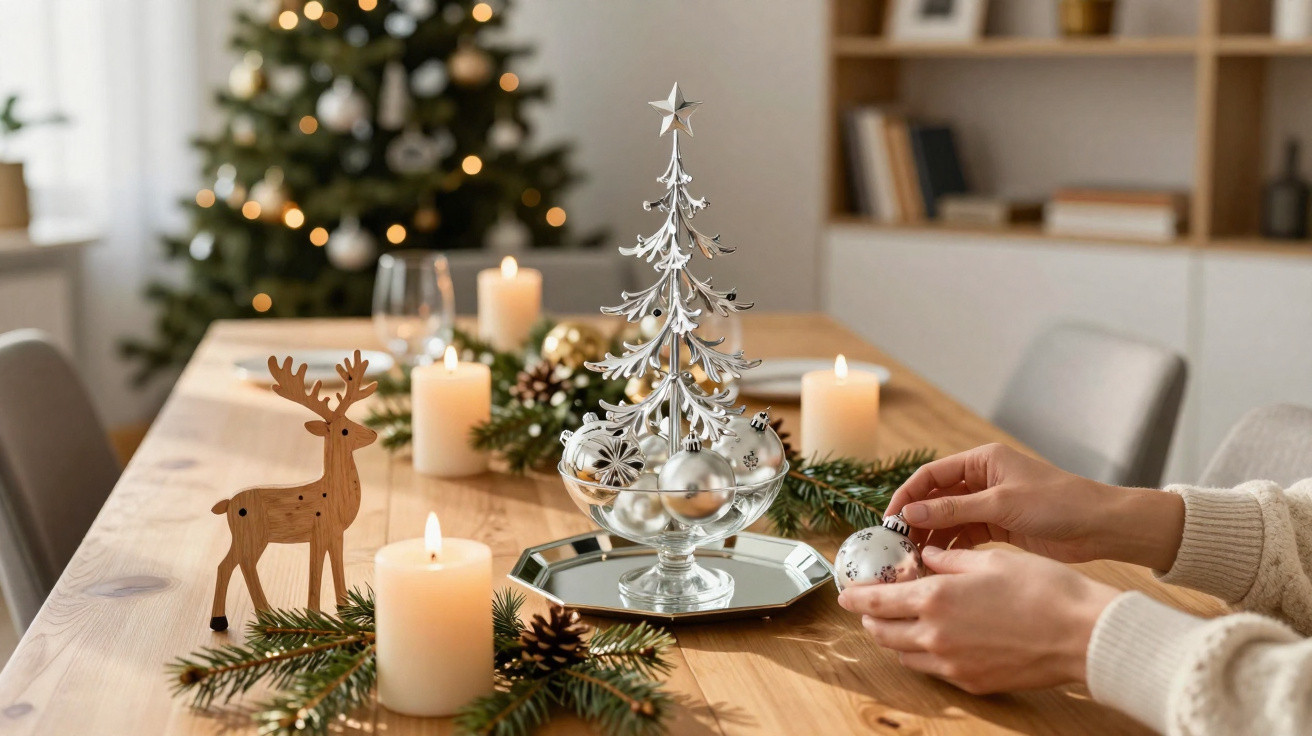 Mesa de madeira com decoração natalícia, velas acesas, árvore de Natal e enfeites prateados.