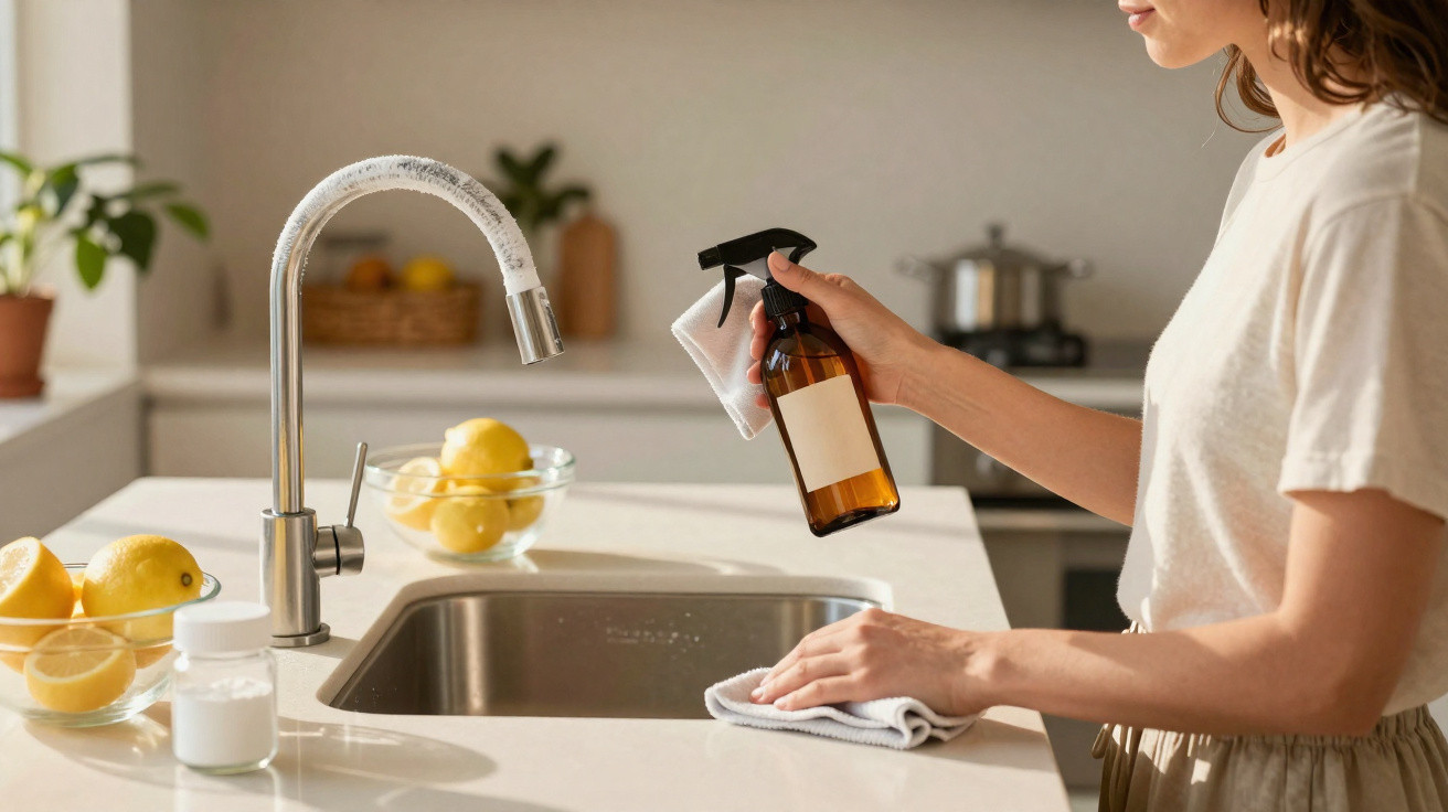 Pessoa a limpar a bancada da cozinha próxima à pia com spray e pano branco, com frutas ao fundo.