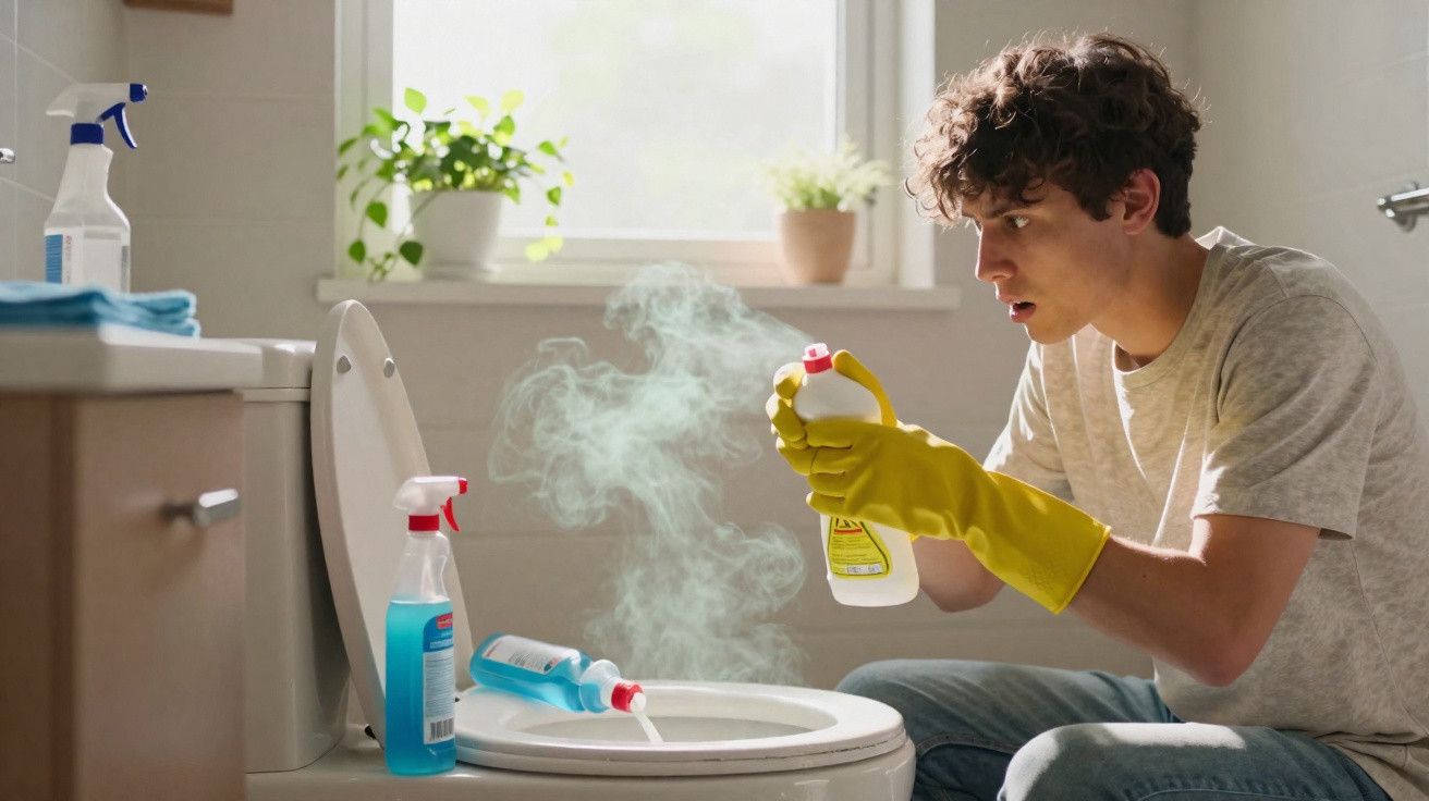 Homem jovem com luvas amarelas limpa casa de banho com produtos químicos, vapor visível na sanita.