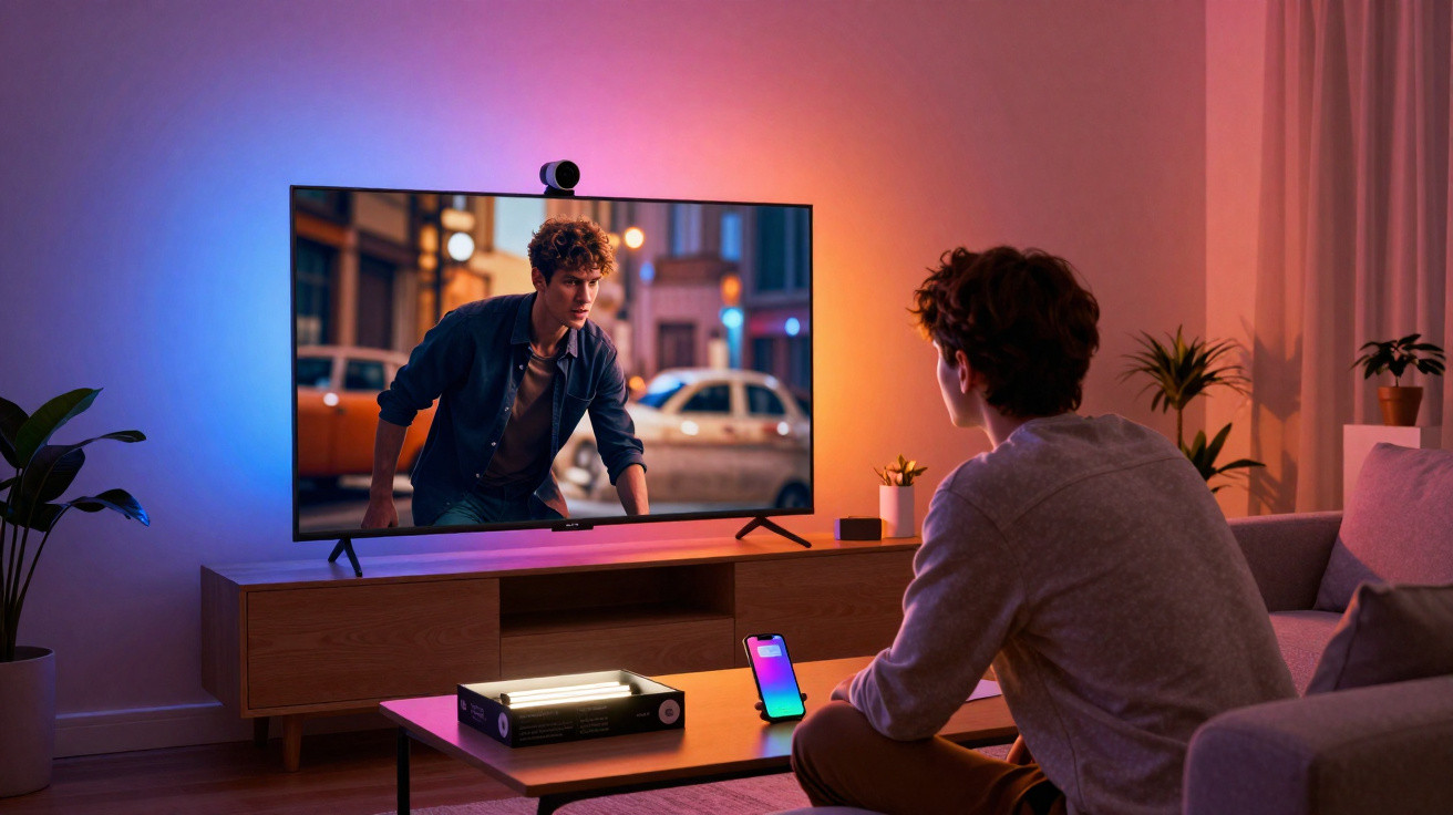 Homem sentado no sofá vê a televisão numa sala iluminada com luzes coloridas e plantas decorativas.
