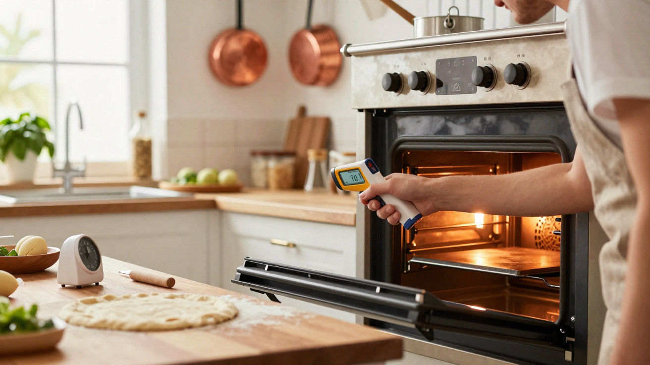 Pessoa a usar termómetro para medir temperatura do forno numa cozinha moderna iluminada.