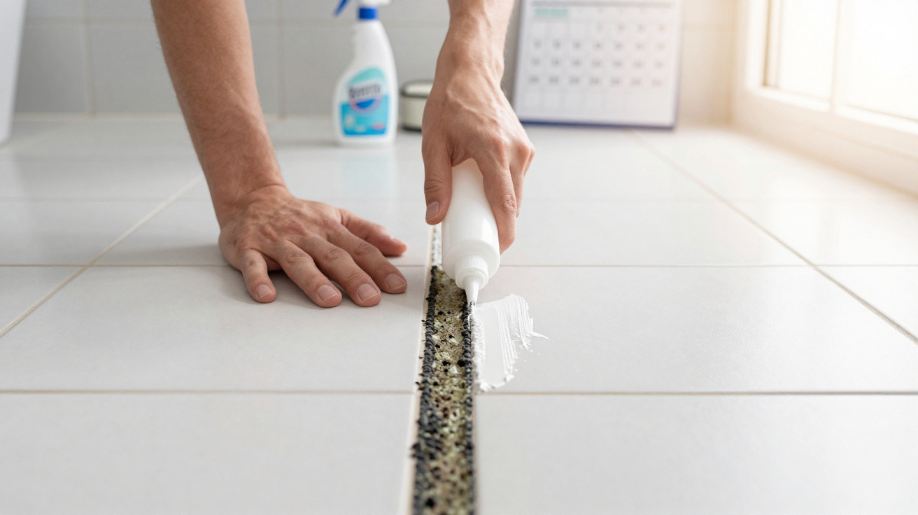Mãos aplicam produto para limpar ou reparar o rejunte negro entre azulejos brancos numa superfície interior.