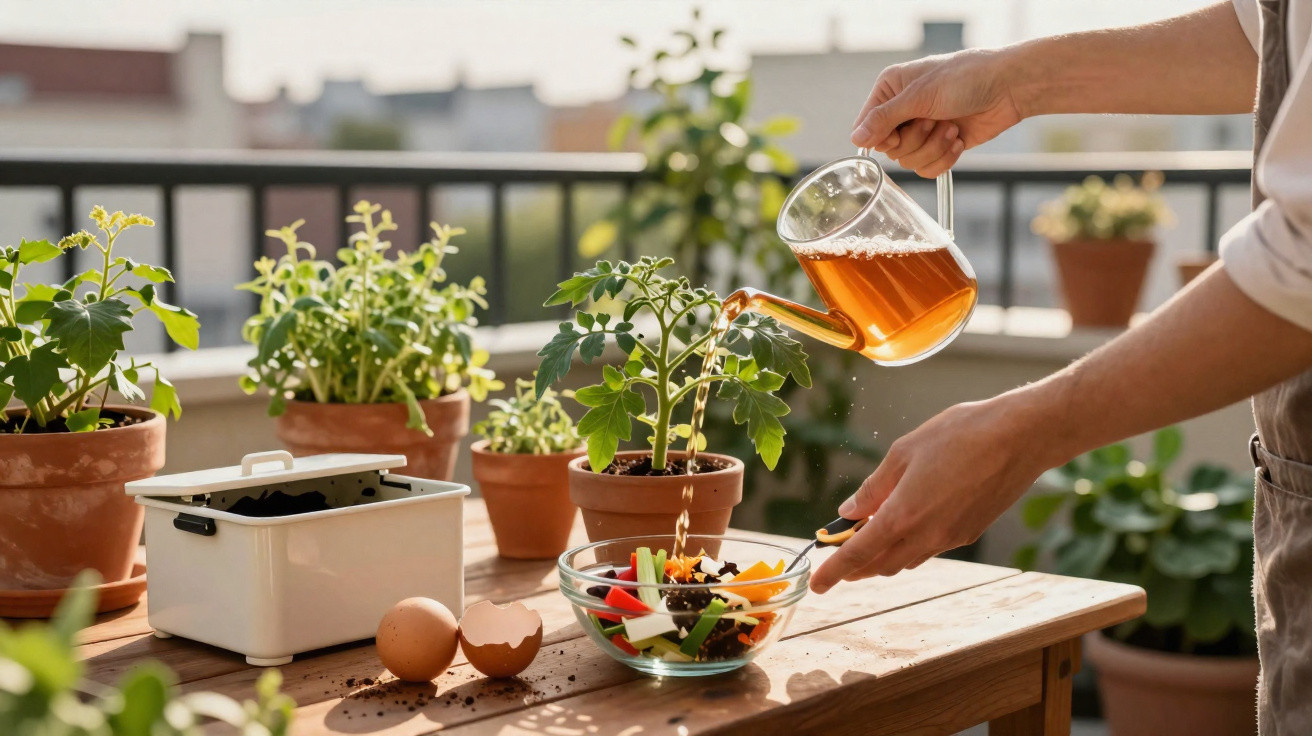 Pessoa a regar plantas e temperar salada em varanda com várias plantas em vasos.