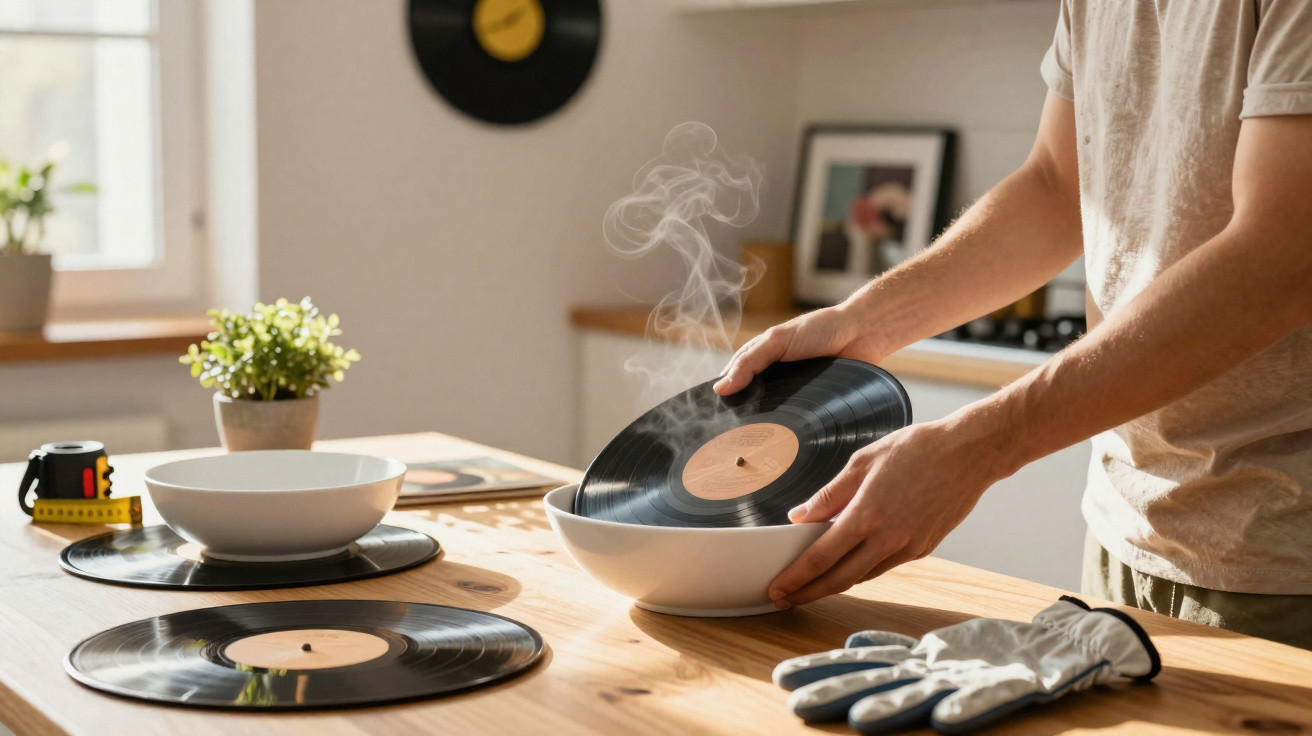 Pessoa a colocar vinil fumegante numa tigela, simulando um prato num ambiente de cozinha iluminado.