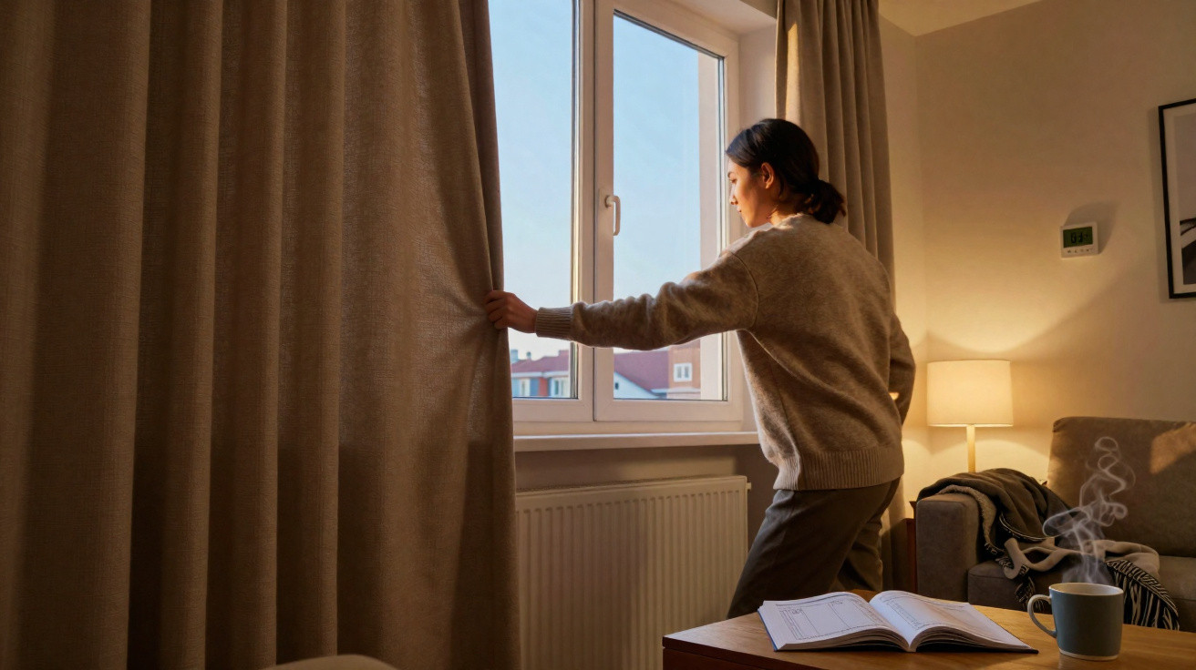 Mulher a abrir cortinas num quarto com luz natural, ao lado de mesa com livro aberto e chá a fumegar.