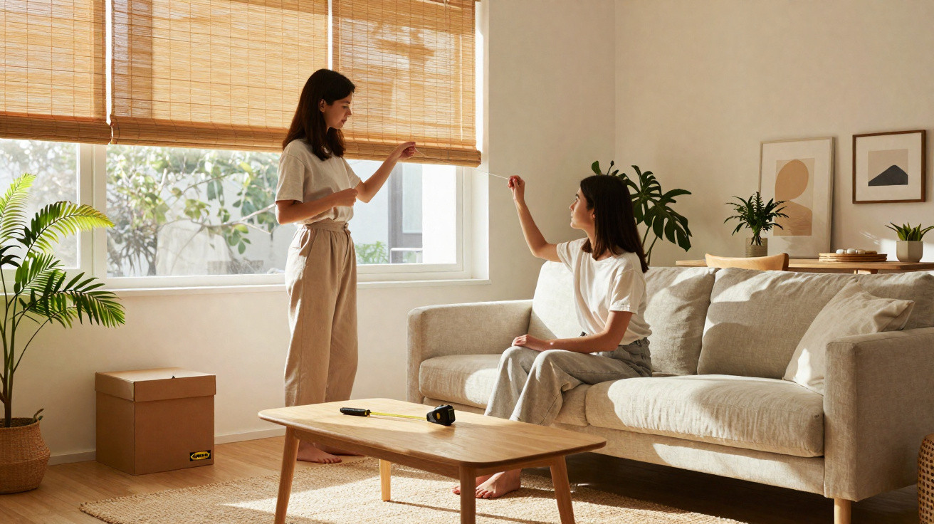 Duas mulheres em sala de estar ajustando persianas, decorada com plantas e mobiliário em tons neutros.