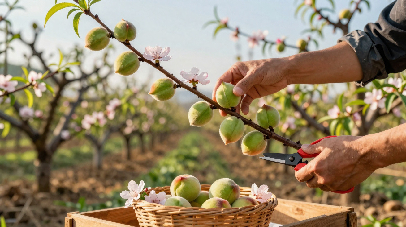 Pessoa a colher pêssegos verdes maduros num pomar com flores cor-de-rosa na árvore.