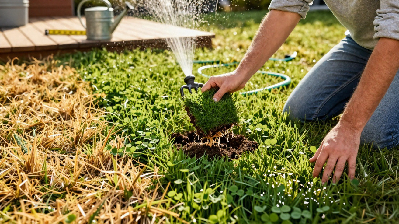 Pessoa a plantar relva num jardim com rega automática ao fundo e regador metálico numa plataforma de madeira.
