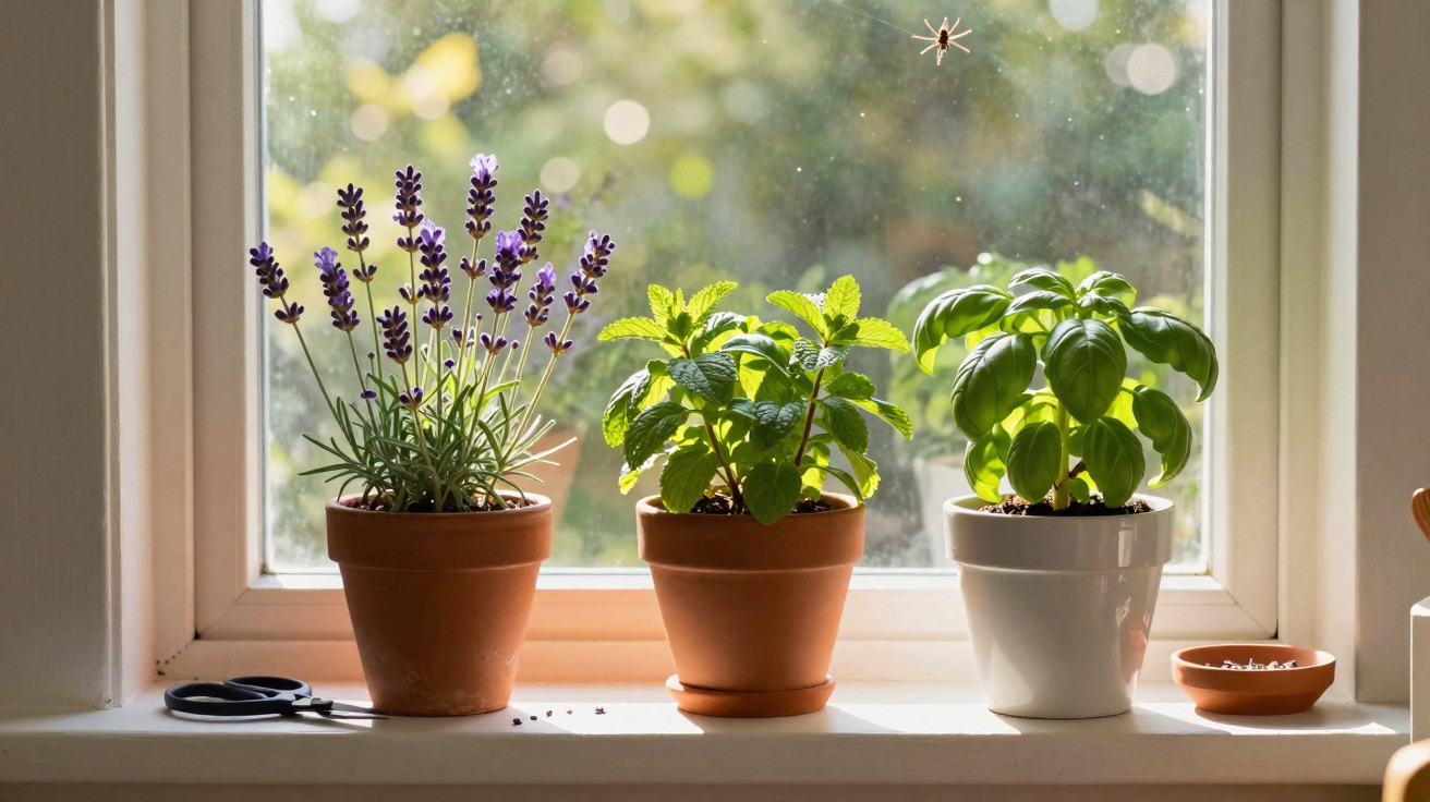 Três vasos com plantas aromáticas numa janela ensolarada, com uma aranha num canto do vidro.