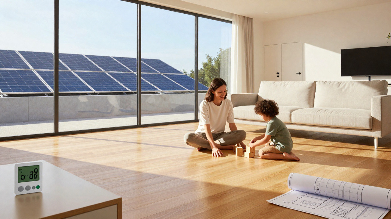 Mãe e filho a brincar com blocos no chão de uma sala moderna com painéis solares visíveis na varanda.