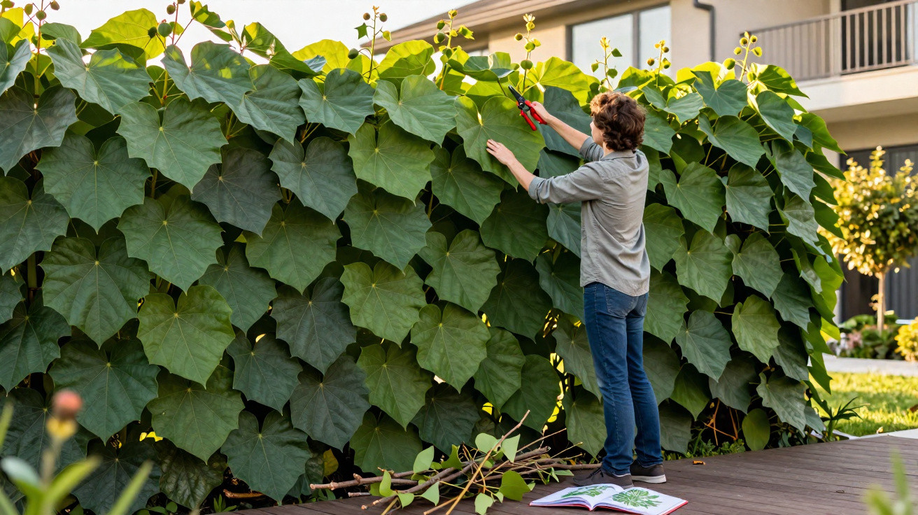 Pessoa a podar plantas com grandes folhas verdes num jardim residencial ao entardecer.
