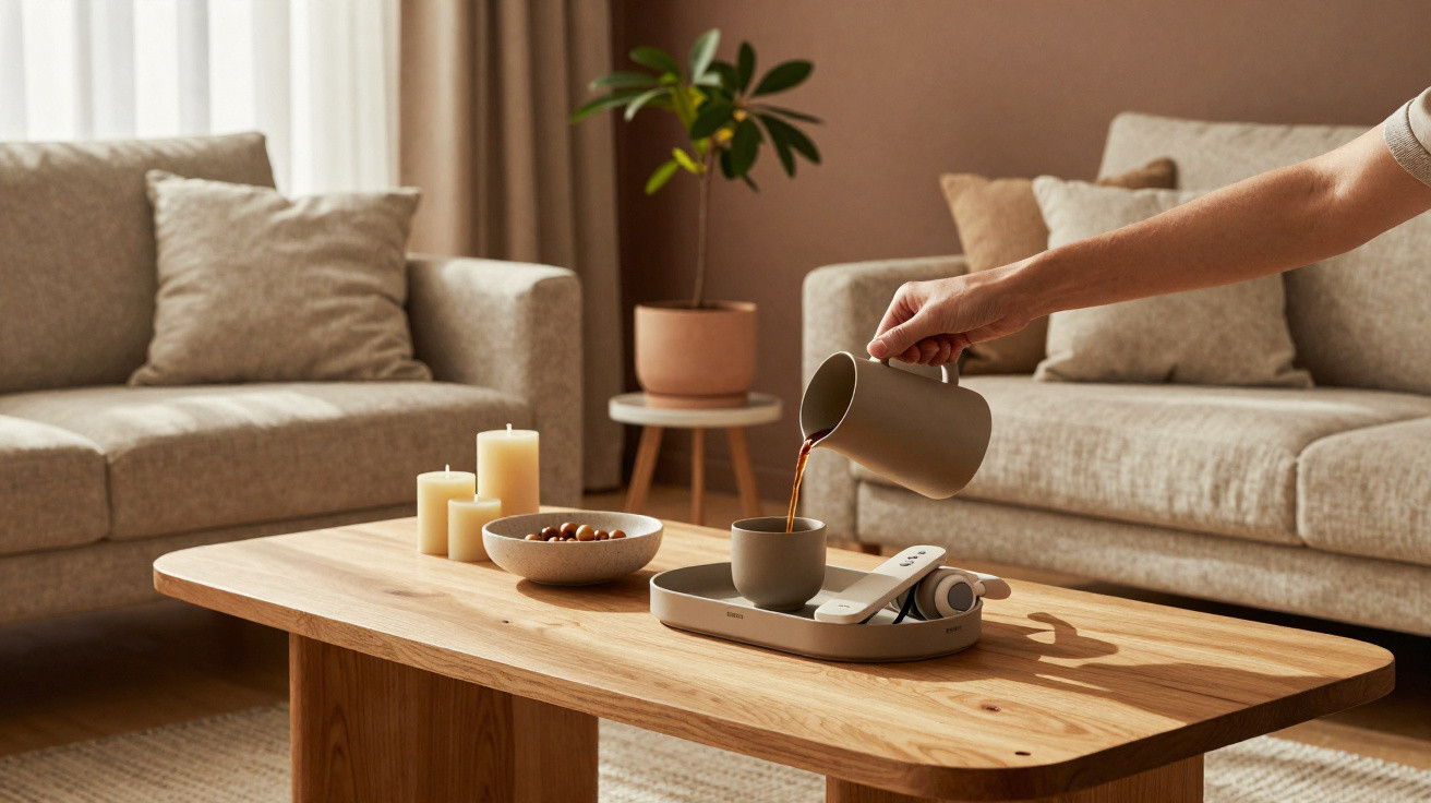 Pessoa a servir café numa chávena sobre uma mesa de madeira numa sala com sofás e decoração neutra.