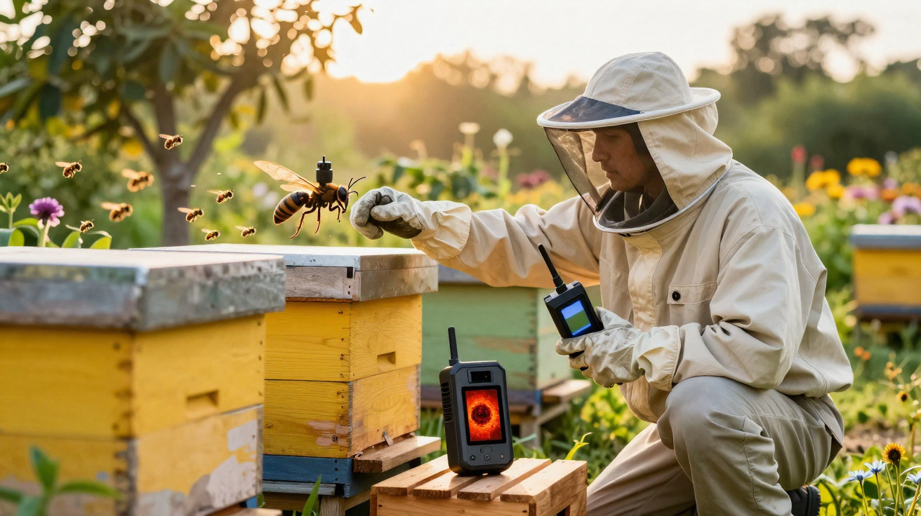 Apicultor com equipamento de proteção a monitorizar colmeias num campo florido ao pôr do sol.