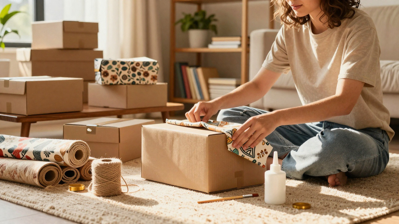 Pessoa sentada no chão a embrulhar uma caixa de cartão com papel decorativo num ambiente acolhedor.