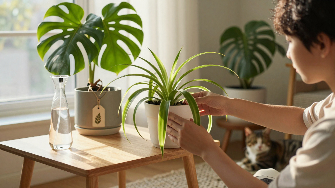 Pessoa a cuidar de planta num vaso branco sobre mesa de madeira junto a janela, com gato ao fundo.