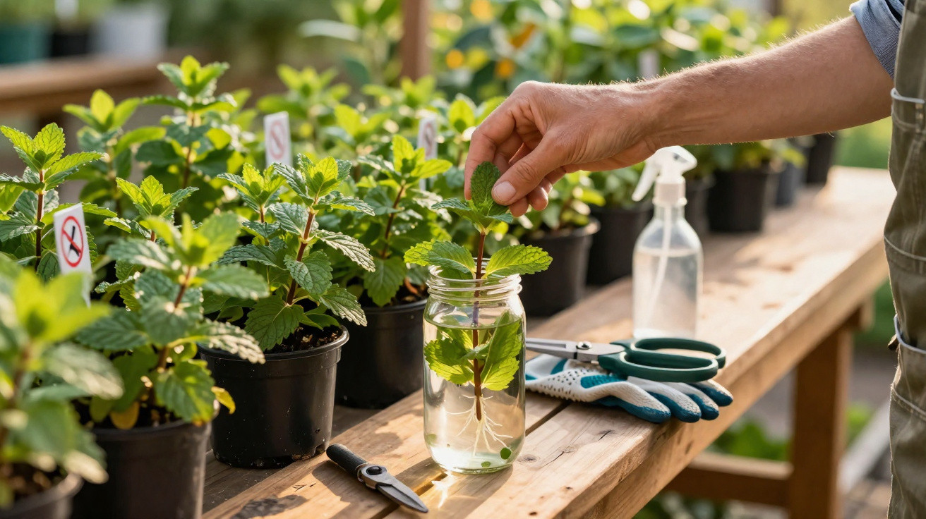 Mão a colocar ramo com raízes em frasco com água numa mesa com várias plantas em vasos pretos.