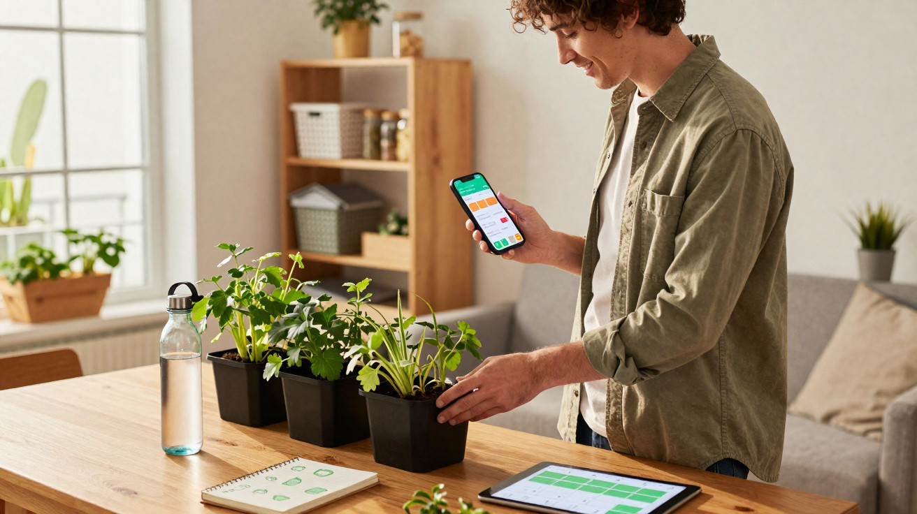 Pessoa a cuidar de plantas em vasos enquanto consulta aplicação no telemóvel numa sala luminosa com mesa e tablet.