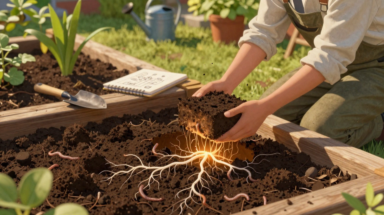 Pessoa a plantar uma muda com raízes visíveis e solta terra num canteiro de jardim.