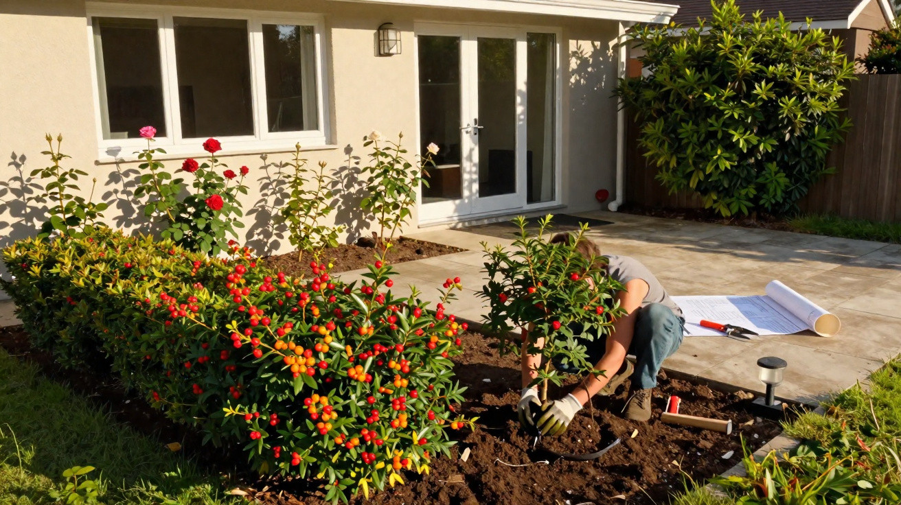 Pessoa a plantar uma planta num jardim com arbustos floridos e casa ao fundo em dia solarenga.