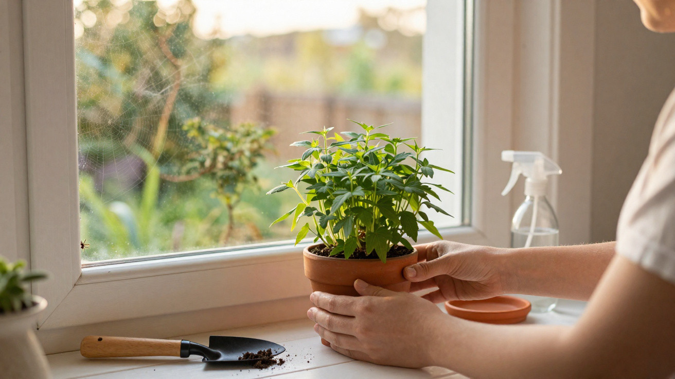Pessoa a cuidar de planta em vaso terracota junto a janela com regador e pá de jardinagem na superfície.