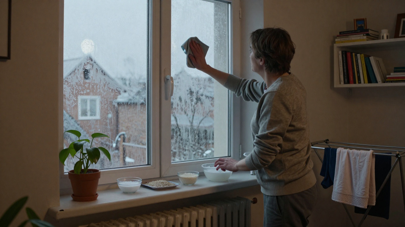 Pessoa a limpar janela interior com casa e neve visíveis lá fora ao entardecer.