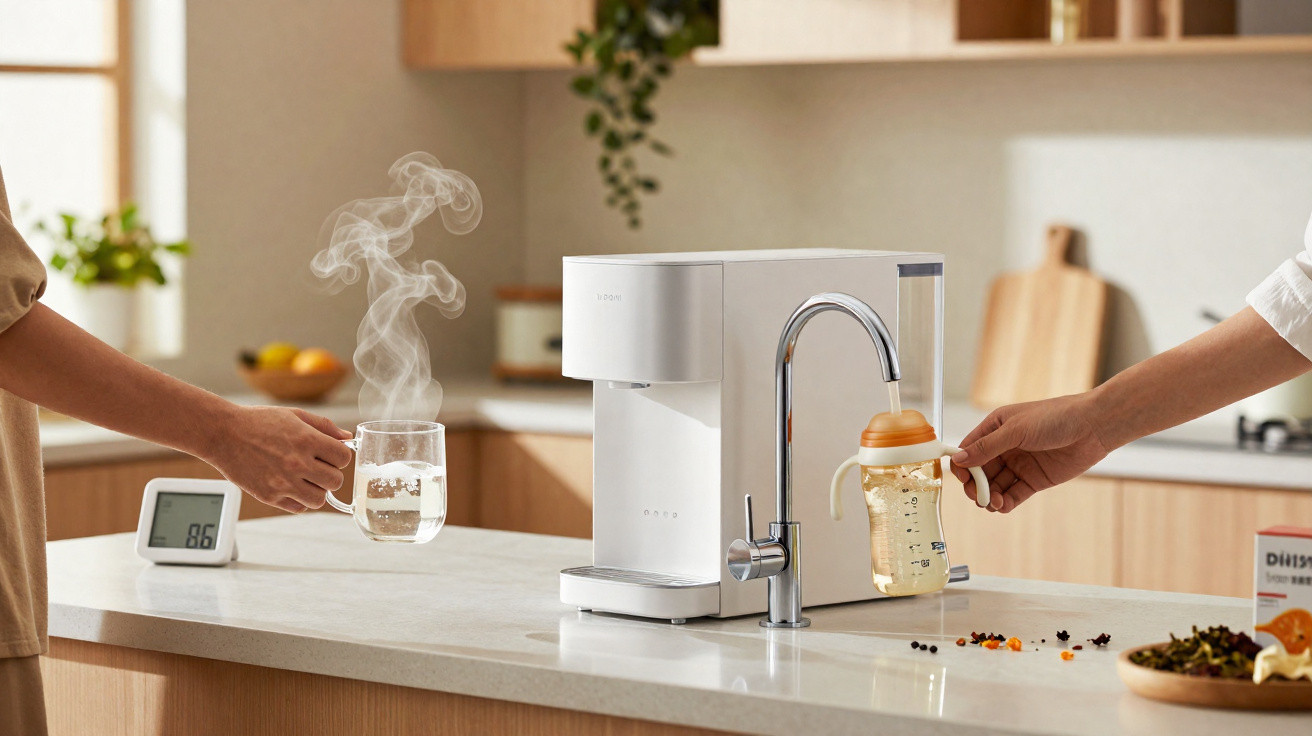 Máquina de água quente a encher chávena de vidro e biberão com punhos num balcão de cozinha.