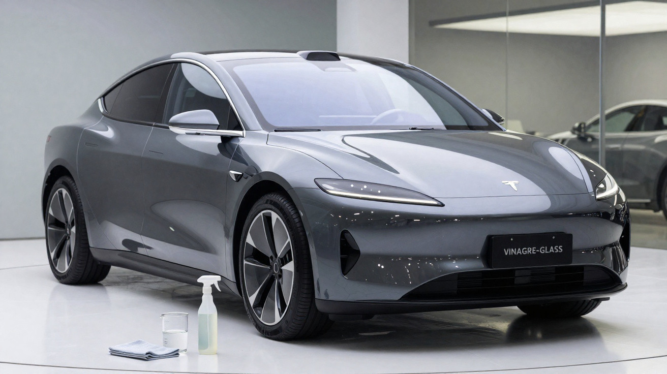 Carro elétrico cinza Tesla estacionado numa sala com chão branco e produtos de limpeza à frente.