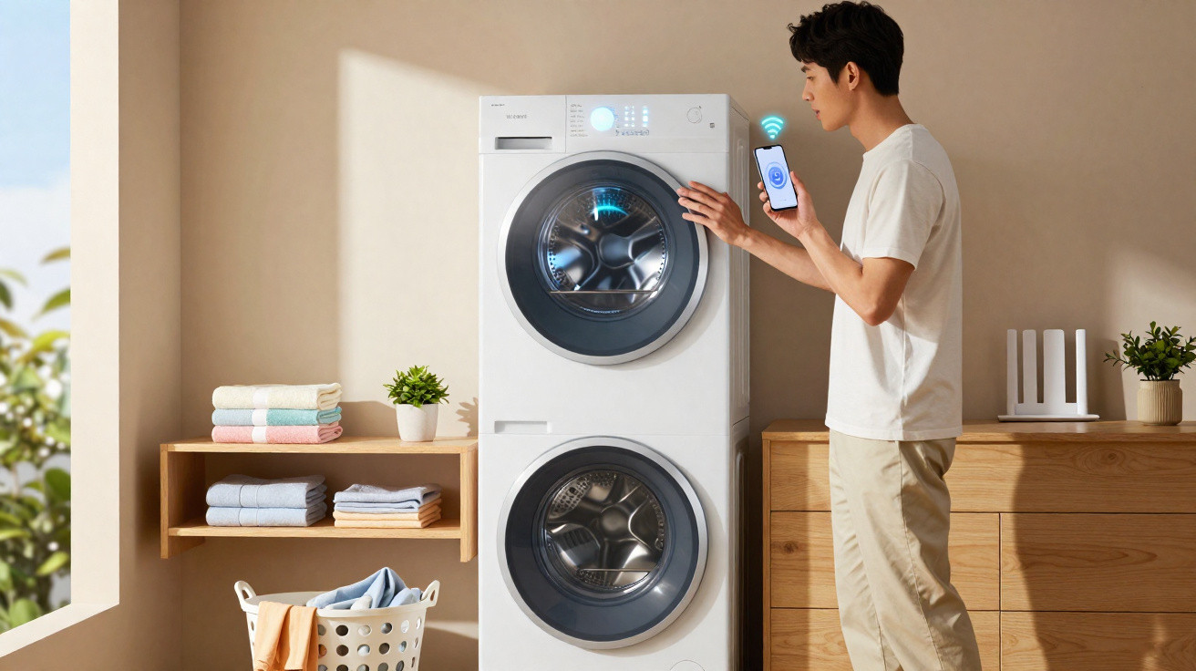 Homem controla máquina de lavar e secar roupa inteligente com smartphone numa lavanderia moderna e luminosa.
