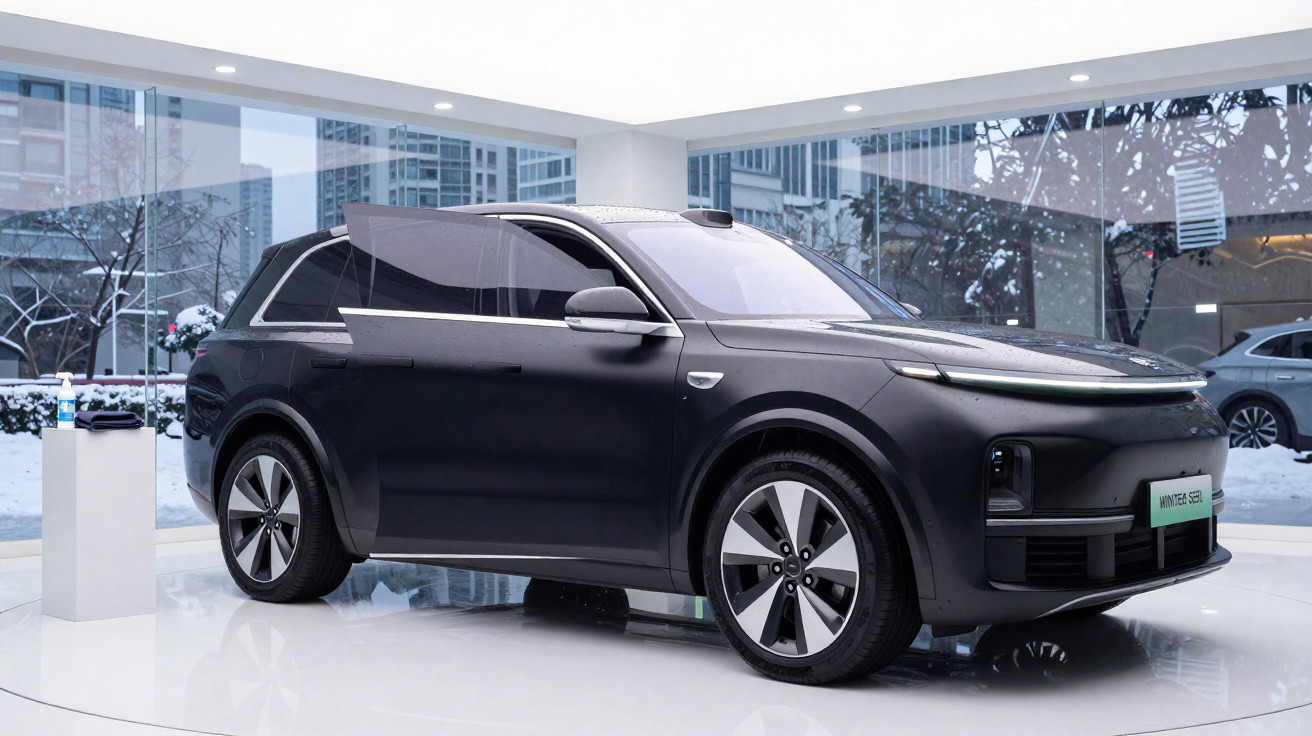 Carro elétrico SUV preto exposto numa área de showroom com grandes janelas e cenário urbano com neve.
